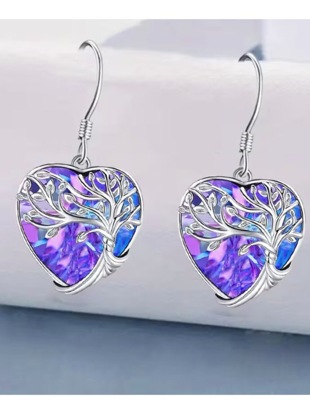 Heart Shape Tree of Life Earrings Purple & Blue Crystal Drop Earrings in Silver